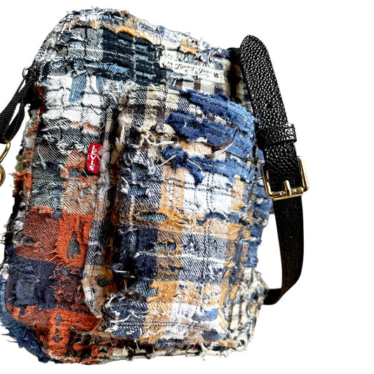DISTRESSED FLANNEL DENIM SLING BAG